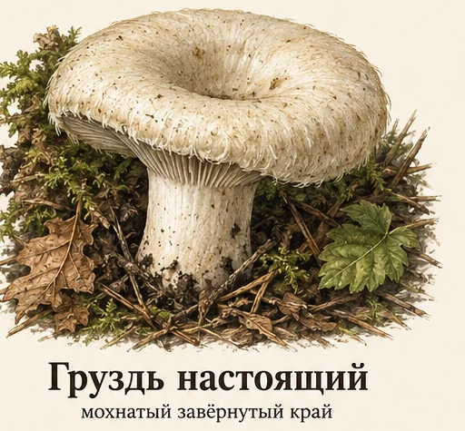 Груздь настоящий — ботаническая иллюстрация: мохнатый завёрнутый край