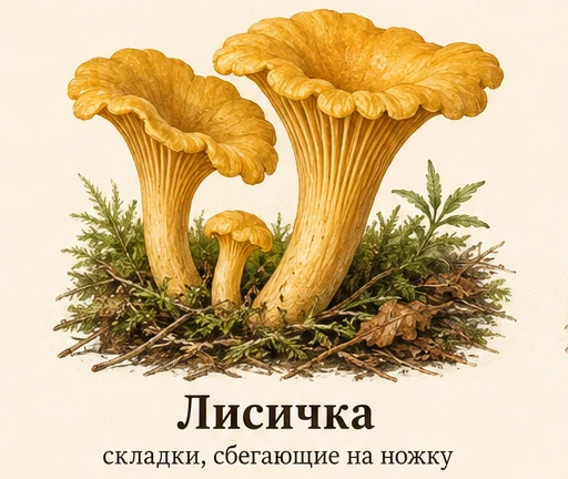 Лисичка — ботаническая иллюстрация: складки, сбегающие на ножку