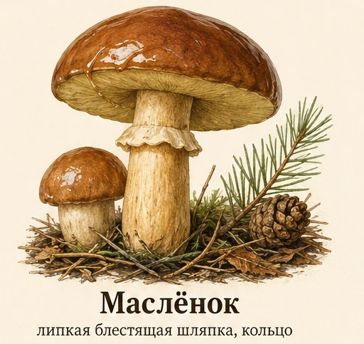 Маслёнок — ботаническая иллюстрация: липкая блестящая шляпка, кольцо