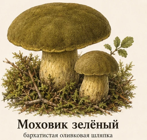Моховик зелёный — ботаническая иллюстрация: бархатистая оливковая шляпка