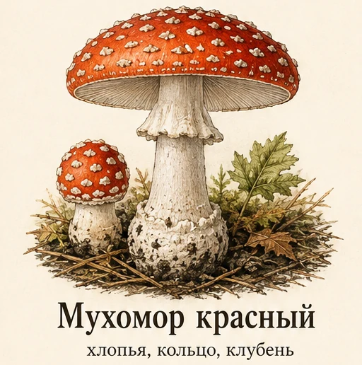 Мухомор красный — ботаническая иллюстрация: хлопья, кольцо, клубень