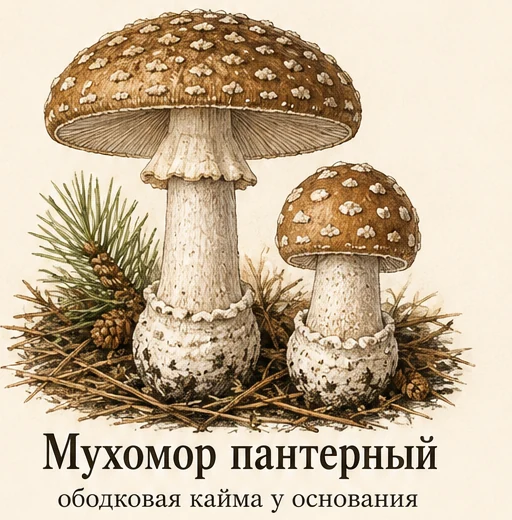 Мухомор пантерный — ботаническая иллюстрация: ободковая кайма у основания