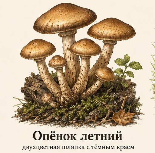 Опёнок летний — ботаническая иллюстрация: двухцветная шляпка с тёмным краем