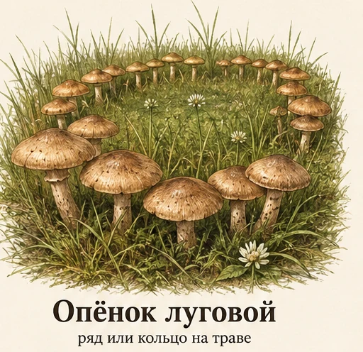 Опёнок луговой — ботаническая иллюстрация: ряд или кольцо на траве