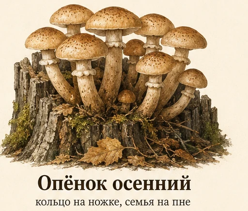 Опёнок осенний — ботаническая иллюстрация: кольцо на ножке, семья на пне