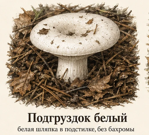 Подгруздок белый — ботаническая иллюстрация: белая шляпка в подстилке, без бахромы