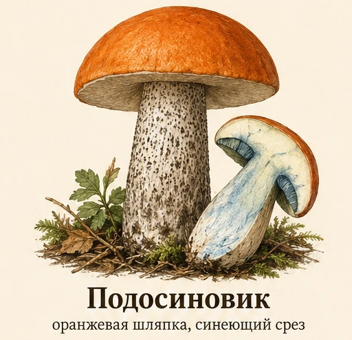 Подосиновик — ботаническая иллюстрация: оранжевая шляпка, синеющий срез