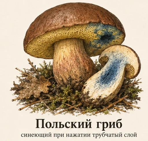 Польский гриб — ботаническая иллюстрация: синеющий при нажатии трубчатый слой