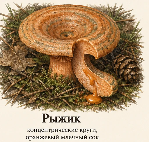Рыжик — ботаническая иллюстрация: концентрические круги, оранжевый млечный сок