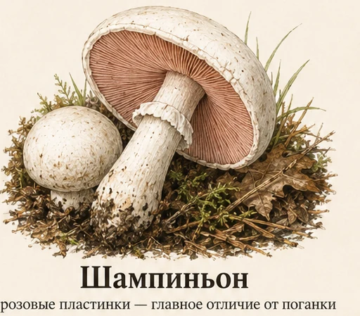 Шампиньон обыкновенный — ботаническая иллюстрация: розовые пластинки — главное отличие от поганки