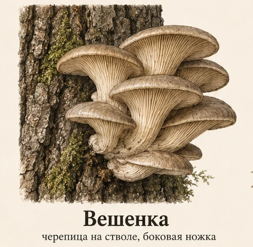 Вешенка — ботаническая иллюстрация: черепица на стволе, боковая ножка