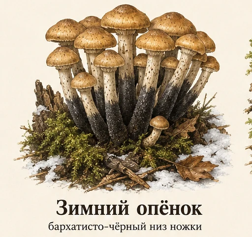 Зимний опёнок — ботаническая иллюстрация: бархатисто-чёрный низ ножки