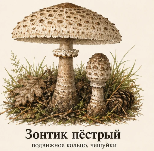 Зонтик пёстрый — ботаническая иллюстрация: подвижное кольцо, чешуйки